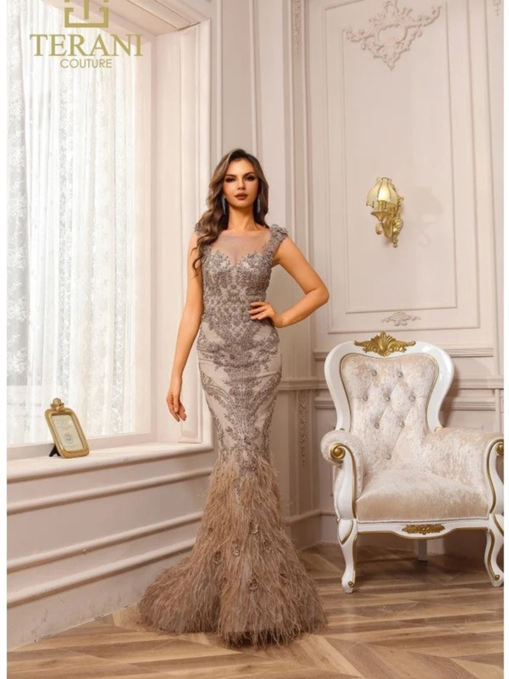 Terani Couture 251GL4198 Mocha silver Sequin Feathered Mermaid Gown